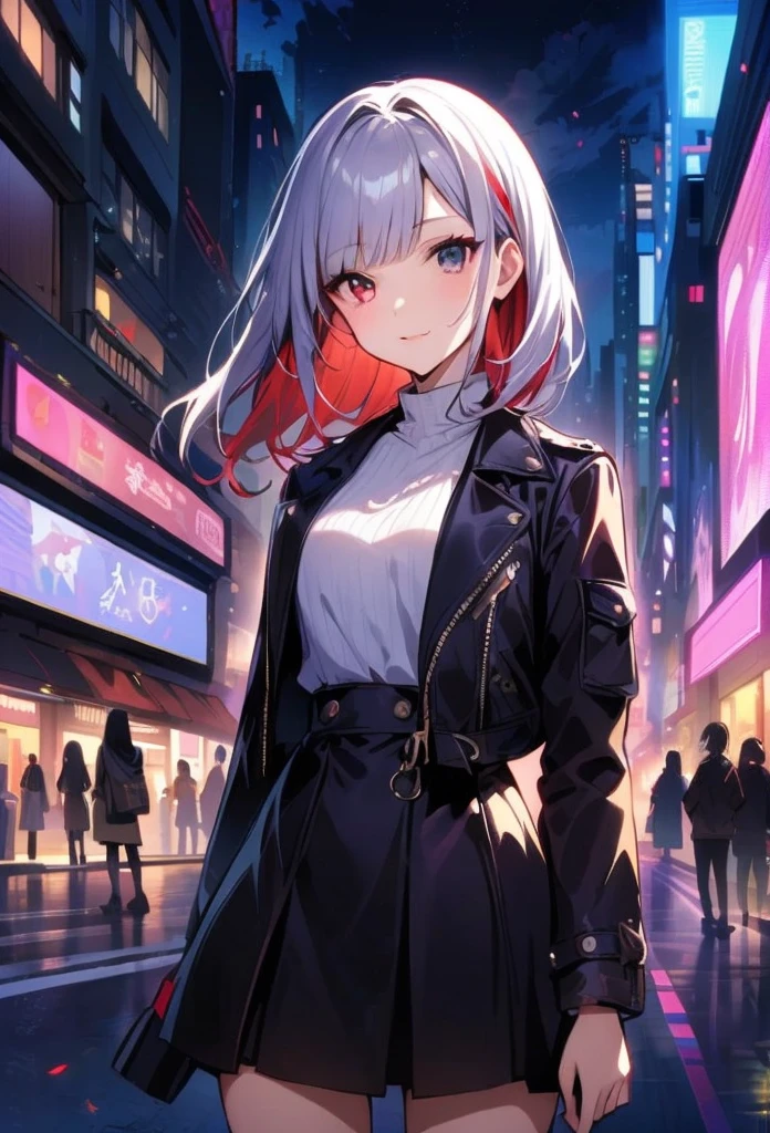 1girl, long hair, red left eye, grey right eye, straight silver hair, strictly straight bangs, hime hairstyle, blunt bangs, long straight hair cut,((( red back lighting))), heterochromia eyes, streetwear, crop top, city, Europe, water, neon, lights, glow, colourful, night, starry sky, sci fi, absurdres, high res, ultrasharp, 8k, masterpiece