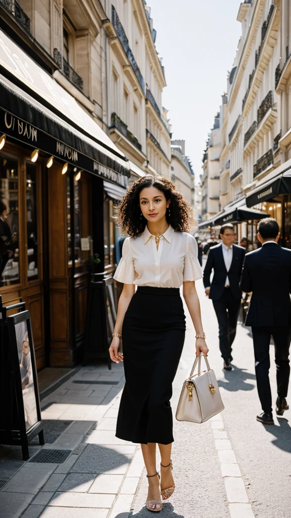 Create an exquisite and photorealistic colored image capturing the essence of timeless elegance on a bustling street in Paris. Imagine a serene and self-aware woman., a vision of beauty and confidence, standing amidst the charm of Parisian bistros and lively street scenes. She wears an elegant, fashionable skirt that accentuates your perfectly shaped body. its length, curly black hair cascades funnyfully, framing your face with an aura of mystery. with every detail meticulously rendered, Focus on her sensual look., reflecting a mix of charm and sophistication. Set the scene against the backdrop of Parisian street life., With people, bistros, and the unique atmosphere of the city enhancing the composition. Emulate the style of Helmut Newton, paying meticulous attention to the interplay of light and shadow, capturing the woman&#39;s shy but confident pose. Make sure the image reflects the elegance of the woman., funny, and the magnetic charm characteristic of Helmut Newton&#39;s iconic fashion photography. Crea una fotografía de whole body que encarne el epítome de la sofisticación y el encanto., in contrast to the romantic atmosphere of Paris. real fur texture, Ultra realistic shading, bright colors, provocative look, Natural breast shape, (((with torso, nude top))), chica con el naked torso, naked breasts, exposed breasts, ((whole body )), ((deep neckline)), ((heavy bust)), photorealistic, dramatic lighting, open neckline, (Masterpiece), Best Quality, high resolution, extremely detailed, ((porous skin, detailed skin, realistic skin color)), (((large breasts with natural sagging))), (((naked torso, naked breasts))), (((pale skin, fine nose, thin face, clear skin)), ((thin waist, Wide hips, thick legs, big ass)), (((realistic nipples, detailed nipples, perfect nipples))), (Eye detail: 0, 8), ((Skinny body, athletic body