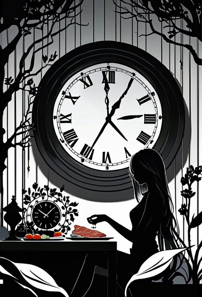 Vector Art, Minimalism, graphic design aesthetics, flat illustration, masterpiece, best quality, perfect composition, very aesthetic, ultra-detailed, intricate details, Professional, official art, Representative work、On a bright red campus"YES"Character、(Masterpiece in maximum 16K resolution:1.6), ((darkest_insane_silhouette_illustration):1.2),(intricate detail:1.4), (extremely insane detail:1.4),(highest quality:1.3),(Hyper_realistic:1.3). | Black and white, silhoutte art, female figure, elegant pose, flowing hair, graceful curves, subtle details, minimalistic background, soft lighting, delicate features, captivating composition, expressive eyes, slender silhouette, artistic interpretation. | ((silhoutte_of_pretty_girl_waiting under a clock):1.5), ((waiting pose):1.2), ((withered flower background):1.1), each flower detailed and rendered with a masterful gouache technique, silhoutte art behance,surreal, It gives a romantic aura. | (perfect_fingers:1.0), (perfect_legs:1.0), better_hands, More_Detail. A young woman with golden hair and yellow eyes sits at the table, eating delicious food by the seaside in an anime style. The background features rocky cliffs overlooking the sea, boats floating on it, green plants, and sunlight shining through them onto her face. She is dressed in white and has a relaxed expression. On one side of her lies various dishes such as rice, vegetables, fish and meat, creating a warm atmosphere.