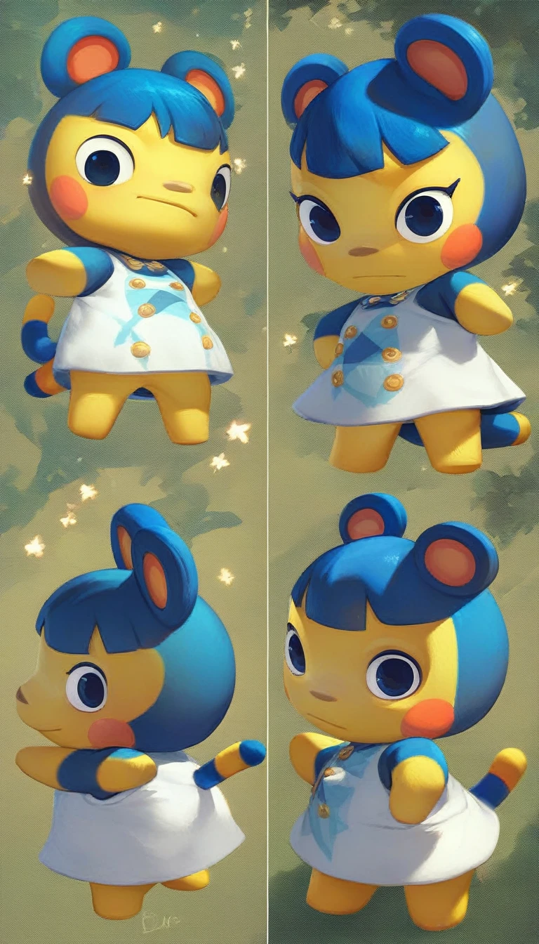 Eye, Animal Crossing Muscle, hairy, Blue Hair, Hair accessories, Yellow skin, 黑Eye, White Dress, Tail, Looking at the audience,Scenes, hero view, Eye, Animal Crossing action poses, nature, Detailed background, masterpiece, best quality, high quality, absurd,