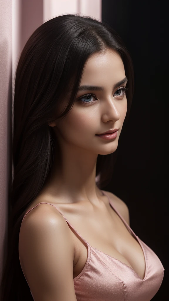 ((facial portraits, upper-body, close-up)),(best quality,4k,8k,highres,masterpiece:1.2),ultra-detailed,(realistic,photorealistic,photo-realistic:1.37),(1girl),(18years old),(((irene1:1.2))),(((Excella_er5:1.2))),(sharp focus:1.5),pearl skin,(skin pores:1.1),extremely detailed face and skin texture,(skin texture:1.1),black hair,tall and slender body,(192cm tall),thin and delicate figure,graceful posture,strong and defined muscles,flawless skin,defined abs,perfect curves,feminine appearance,embodying elegance and beauty,cleavage breasts,((wearing a (pink) shirt dress)),vibrant color,extremely detailed and realistic clothes,(colorful),(film grain:1.3), colorful lighting,expressive faces,vivid eyes,dynamic poses,dramatic chiaroscuro,professional studio settings,creative composition,glowing highlights,subtle shadows,emotional expressions,authentic emotions,insta-worthy,high-fashion styles,lively backgrounds,individual character traits,unique personalities,powerful gazes,precise facial features,life-like hair textures,surreal elements,dreamy atmosphere,masterful brushstrokes,instantly captivating,mesmerizing gaze,natural beauty,realistic lighting effects,capturing the essence of the subject,unforgettable expressions.