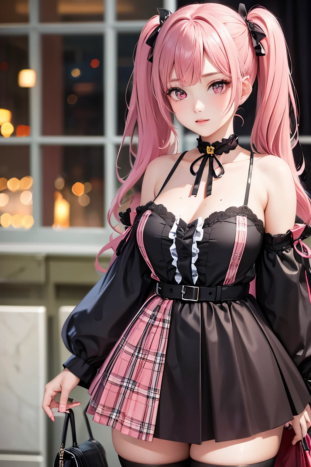 masterpiece, best quality, highly detailed, high resolution, expensive resolution, high resolution, 4K, 8k, Unity 8k wallpaper, highly detailed CG, masterpiece, 2D, 3D, beautiful details, depth, fine texture, best quality: 1.3, perfect focus, crispy skin, him, very cute, one 20-something girl, before a date with him, enjoying fashion, short twin tails, mole under eye, looking at the viewer, expensive, blush, mole, parted lips, heart, pink eyes, choker