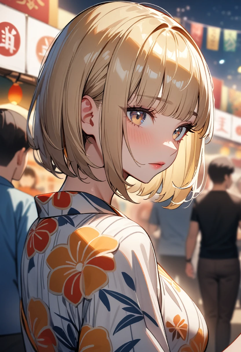 1girl,solo,super detailed skin,shiny skin,expressionless,,eyelashes,lips gloss,blonde hair, hime cut,blunt bangs,short hair ,large breasts ,floral printed yukata ,looking back ,from behind ,Festivals, food stalls,masterpiece,best quality,ultra detailed,high resolution,sharp focus,depth of field
