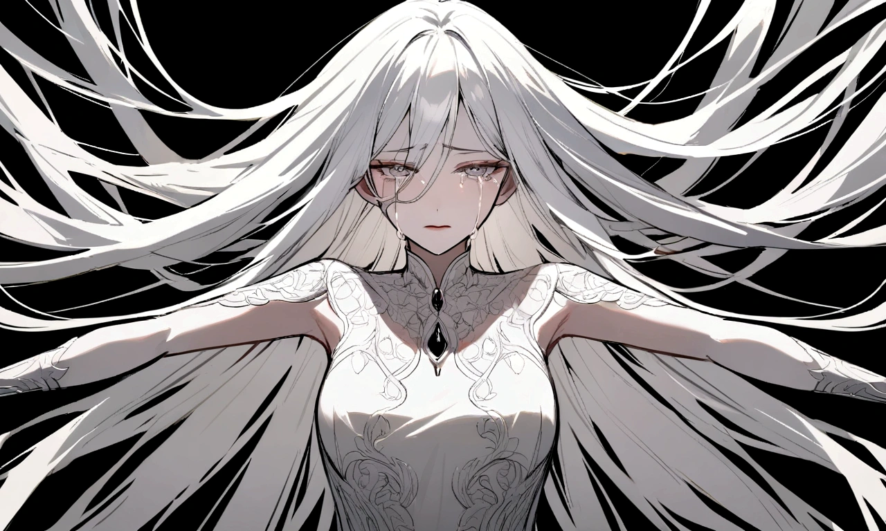 black and white drawing, black background, detailed face, Beautiful Woman1, long straight hair, white hair, a crying face, Pose with open arms asking for a hug, wearing a white dress