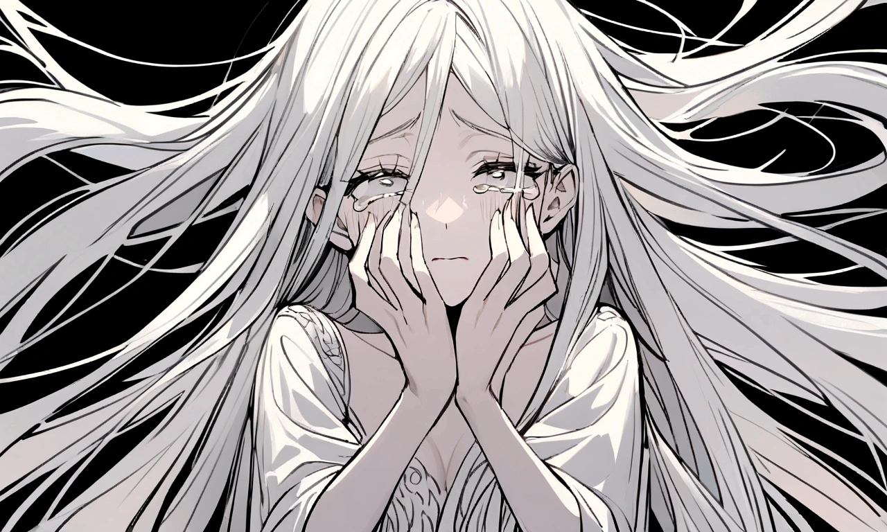 black and white drawing, black background, detailed face, Beautiful Woman1, long straight hair, white hair, a crying face, Pose with open arms asking for a hug, wearing a white dress