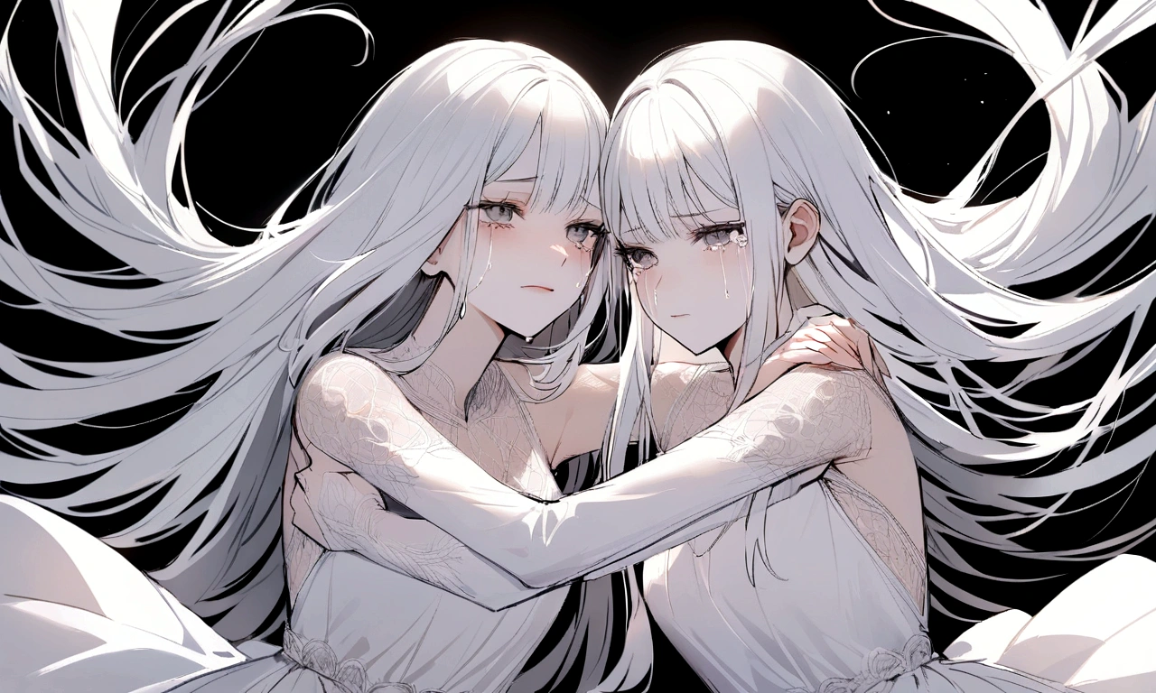 black and white drawing, black background, detailed face, Beautiful Woman1, long straight hair, white hair, a crying face, Pose with open arms asking for a hug, wearing a white dress