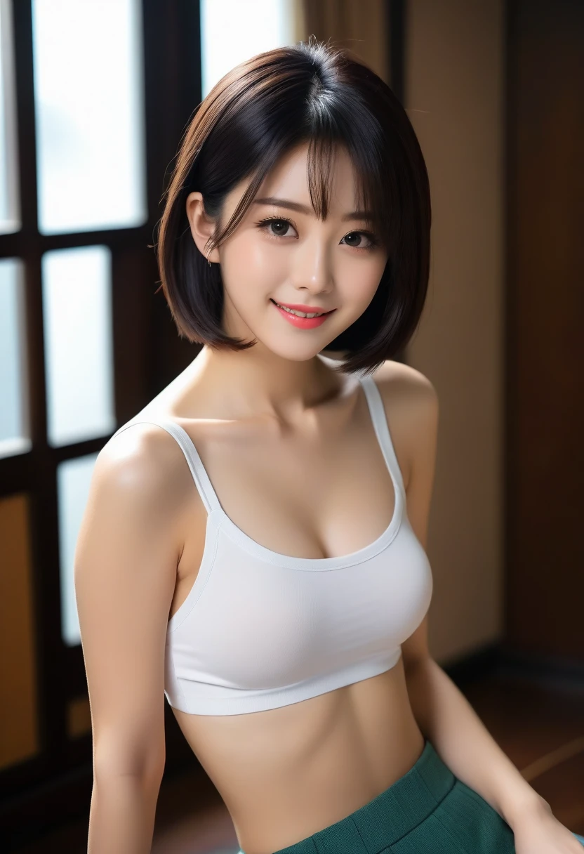 8K, Ultra-high resolution, Highest quality, masterpiece, 三分割法によるphotograph,Surreal, photograph, 1 Girl, (:1.3), pretty girl, Cute face, Beautiful eyes in every detail, 細かくdetailedに,masterpiece,, One Girl:1.2, Japan Female Announcer,whole body,sports gym,Snug bodysuit,High leg cut,Beautiful leg line beauty,Full of sex appeal,Sensual,A carefree smile,Heal the heart,Black Hair,Short Bob,Looking at the audience、beauty,Long neck、Laugh a little、Please close your mouth and laugh、(((Ideal body type))),A cup small breasts :2,、Portraiture:2、Perfect Anatomy、鮮明なdetailed、detailed、Surreal、Light and shadow,Strong light