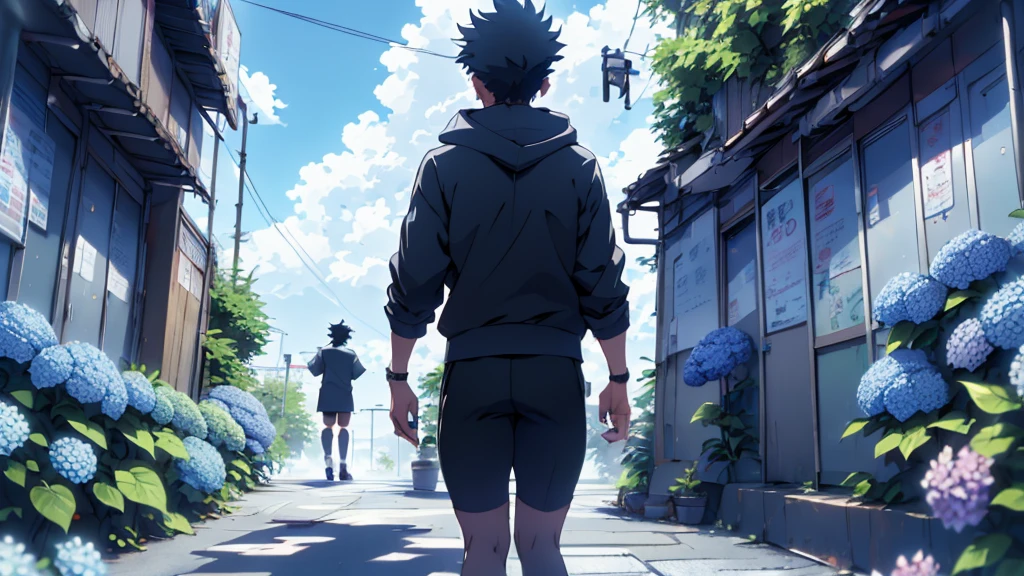 ((Highest quality)), ((masterpiece)), (detailed), Highest quality、High resolution、8K、Very cloudy sky、hoodie、Back view of a student in riding a bicycle、Heavy downpour、、Standing surrounded by hydrangeas、Japanese anime-like style、超High resolutionかわいい萌えアニメ8k、 Slender and muscular、Glasses