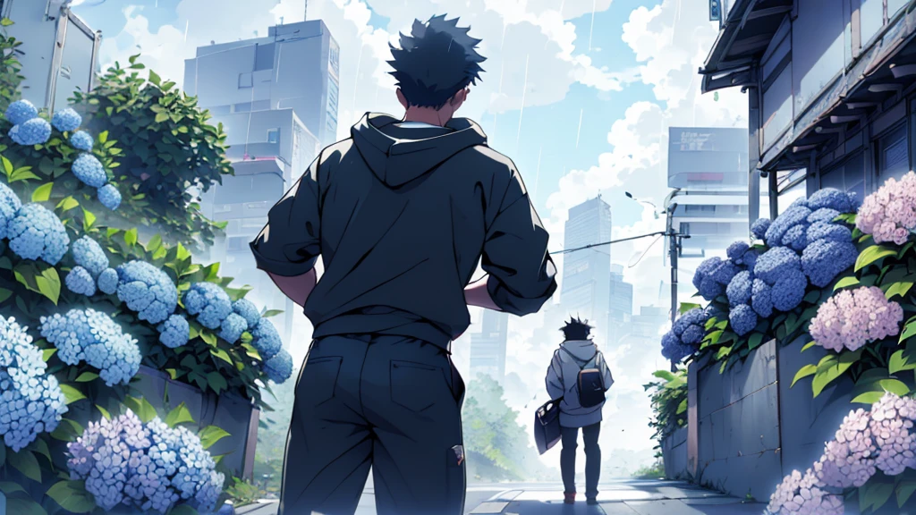 ((Highest quality)), ((masterpiece)), (detailed), Highest quality、High resolution、８K、Very cloudy sky、hoodie、Back view of a student in  riding a bicycle、Heavy downpour、、Standing surrounded by hydrangeas、Japanese anime-like style、超High resolutionかわいい萌えアニメ8k、 Slender and muscular、Glasses