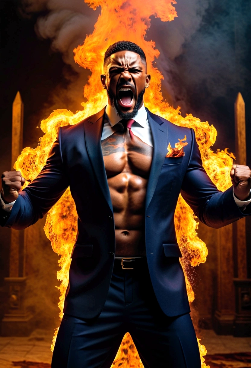 Create an image with a muscular maromba pastor in a suit tearing up with so much muscle the pastor has a face with an angry expression he is in a pose of exposure with a crucifix in his hand expelling demons with a background of fire the desperate devil full hd