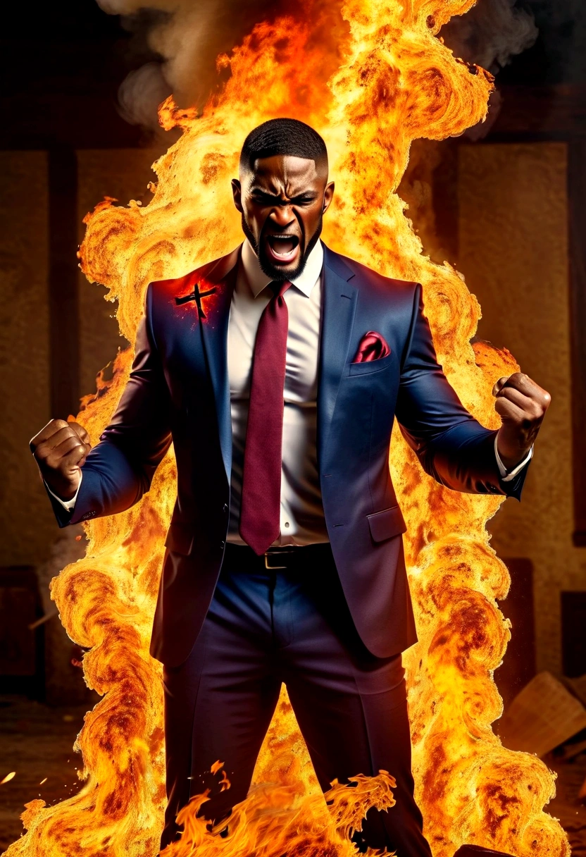 Create an image with a muscular maromba pastor in a suit tearing up with so much muscle the pastor has a face with an angry expression he is in a pose of exposure with a crucifix in his hand expelling demons with a background of fire the desperate devil full hd