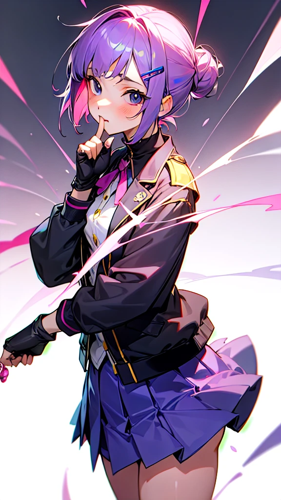 Top Quality, 8K, 4K, High Definition, Detail, (better-quality, 8K, 12), top-quality, 1 girl、purple short bob hair clip tied into a bun、black eyes、small breasts、uniform、gray jacket with pink line、blue skirt、 fingerless gloves、thighs、Ilcha fousing on her, surprise face, having her handon her face, making cute expressing face. picture pose, she is standing up, she has a loil pop in her mouth, she up close only showing her wraist and up.