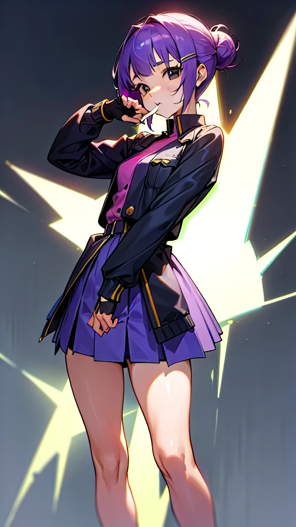 Top Quality, 8K, 4K, High Definition, Detail, (better-quality, 8K, 12), top-quality, 1 girl、purple short bob hair clip tied into a bun、black eyes、small breasts、uniform、gray jacket with pink line、blue skirt、 fingerless gloves、thighs、Ilcha fousing on her, surprise face, having her handon her face, making cute expressing face. picture pose, she is standing up, she has a loil pop in her mouth, she up close only showing her wraist and up.