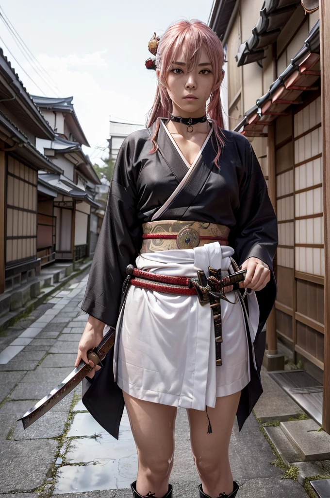 (Highest quality:1.2),32k HDR,High resolution,Perfect Anatomy,Wet and shiny white skin,Sweat dripping down my body,Slender model figure,Ahegao,Silver and pink hair,soaked through,Super small face,Collar and leash,(Red Hair),Alley,Edo Town,photo shoot,Maid,((Japanese sword)),tattoo,((whole bodyにタトゥー)),(Arms covered in tattoos),((Collar with leash)),(Lockに繋がれた少女),Women in ecstasy,climax,Acme,Detailed skin texture, Detailed face, Fine grain,((whole body)),((艶やかなkimono)),(((nightの町))),((暗darkness)),((頭からfootまで)),((Lock帷子)),(((Lock))),(foot),(((Wrapped in a cloth))),((Thick-soled boots)),((大きなJapanese swordを構える)),(((Japanese swordを構える)),((kimono)),((Are standing)),((Wrap a cloth around your chest)),(((巨大なJapanese sword))),((Wear a black belt around your waist)),((花柄のkimono)),((Thin fabric)),((身長と同じくらいの大きさのJapanese swordを振りかぶる)),((night)),((Dim light)),((Glaring at the camera)),((Bold pose)),(((Restraints))),(((darkness))),(((moonlight))),(((kimonoの上からLockを身体中に巻く))),(((Japanese sword:1.5))),