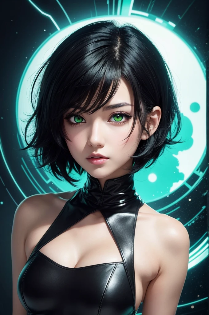 anime character with short black hair and vibrant acid green eyes
