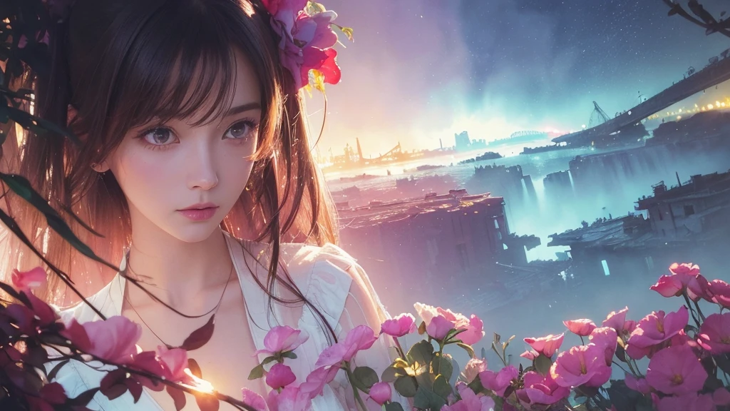 32k, Masterpiece, Highest quality, One girl, Brown Hair, Detailed eyes, flower,sweet pea, Pink and yellow style,A dreamy, romantic piece,Pale pink, Mysterious Leaves,A playful arrangement,Fantasy,High Contrast,Ink strokes,explosion,Exposure, Impression of pink and yellow tones,Abstract,((Watercolours by John Berkey and Jeremy Mann )) Brush strokes,Negative Space, Tyndall effect, White background