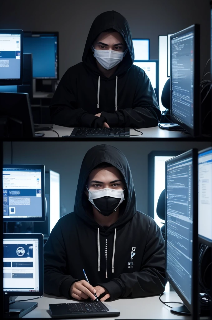 An anonymous hacker in a mask working on his computer with 2 screens in a dark room