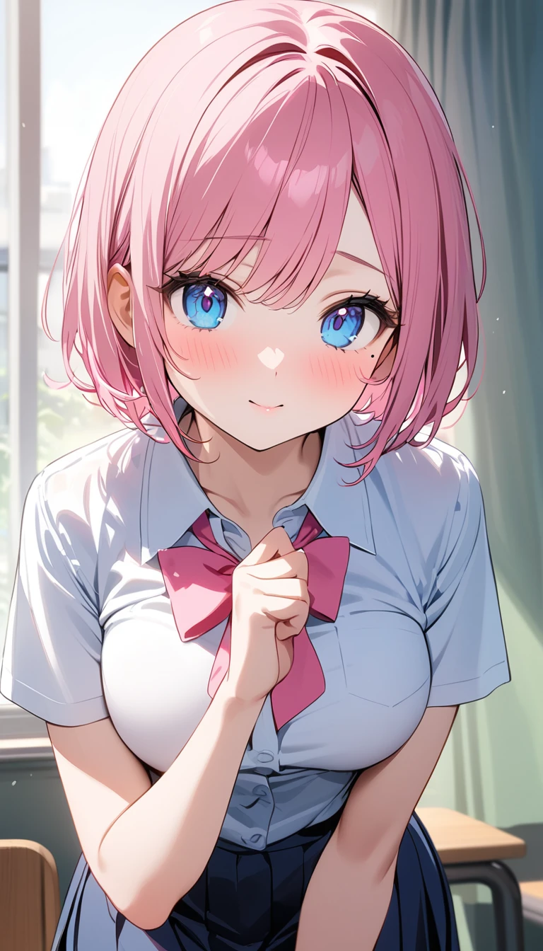 (1 girl),(Best Picture Quality, 8K, Masterpiece:1.3), (high school student:1.5), (pink lob hair:1.1), [skyblue hair:0.1], (bob cut),(swept bangs), (cute eyes, pupil black, iris skyblue, youthful face), (mole under right eye), (standard weight), (medium breasts), (glistening skin:1.1),(pale skin:1.2), ((school uniform, white short simple sleeve shirt, darkblue skirt, pink ribbon)).