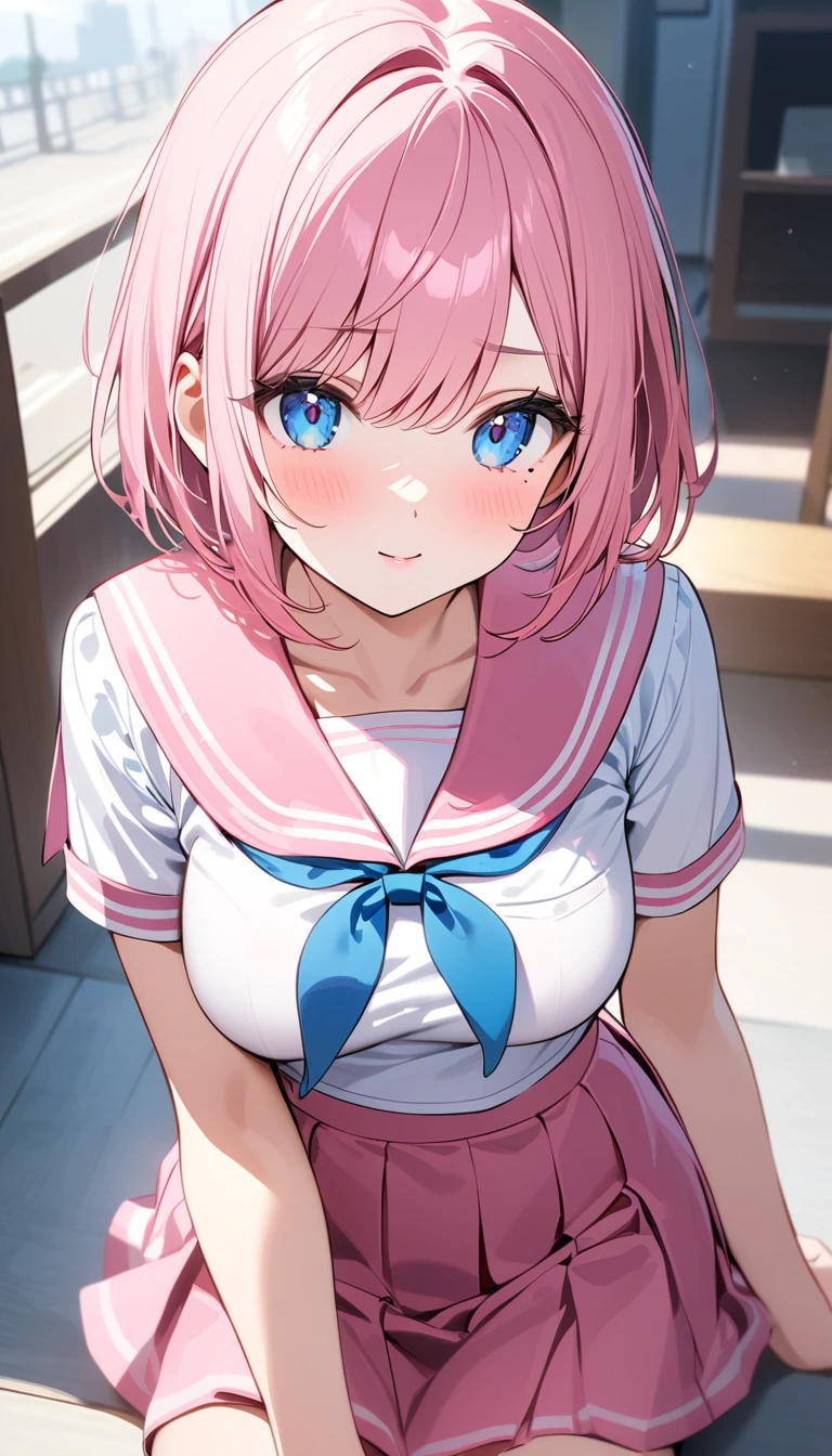 (1 girl),(Best Picture Quality, 8K, Masterpiece:1.3), (high school student:1.5), (pink lob hair:1.1), [skyblue hair:0.1], (bob cut),(swept bangs), (cute eyes, pupil black, iris skyblue, youthful face), (mole under right eye), (standard weight), (medium breasts), (glistening skin:1.1),(pale skin:1.2), ((serafuku, white sailor short sleeve simple shirt, pink skirt, pink sailor collar,)).