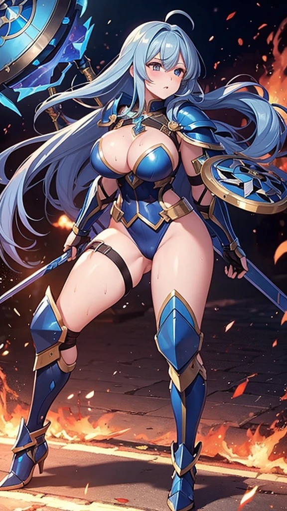 Full body armor shattered,long blue hair,Beauty,Sexy,Large Breasts,In battle,Sweat,Raise your shield,fire,lipstick