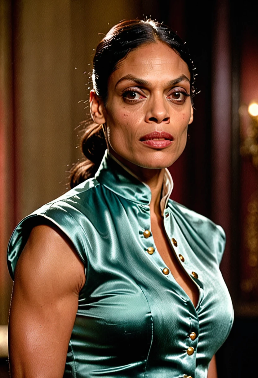 (angry muscular thicc evil rosario dawson sad and angry with flared nostrils and furrowed brows), (wearing a closed satin skintight silk buttoned mandarin collar blouse with large shoulder-pads and extremely tight satin belt), tight hairbun, silk gloves, neck defined, waist defined