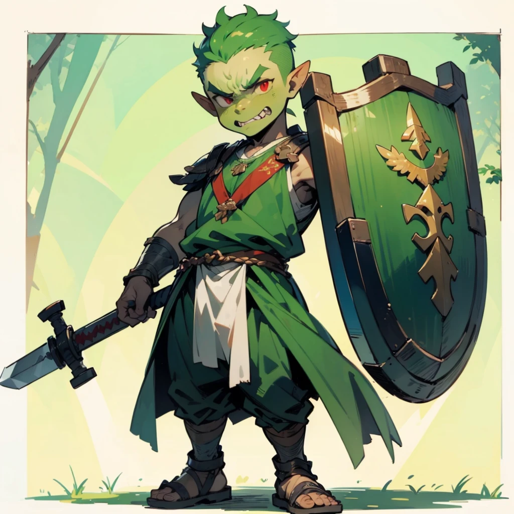 1**********s orc, orc version, Full body version, red eyes, green colour skins, angry eyes, bald hairstyle, angry expression, ancient Greek clothing, ancient Greek sandals, wood sword in hand, small shield wood, wood armor vest, Grassroots background in forest 