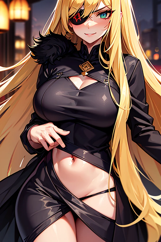 ((masterpiece)), ((best quality)), 1girl, adult, long hair, ((blonde hair)), very long blonde hair, ((intimidant look)), ((close-up)), profile image, green eyes, black and red clothes, sexy, dark colors, brillant eyes, ((coat with fur)), ((wavy hair)), exposed skin, ((sexy pose)), ((intimidant look)), good anatomy, ((dark sage clothes)), ((straight cut bangs)), emotionless, intimidant, ((beautiful eyes)), close up, ((detailed eyes)), beautiful eyes, ((detailed face)), hair bang, frontal look, evil, relaxed, smile, magical goddess othinus, detailed face, eyepatch, full body, ((detailed))