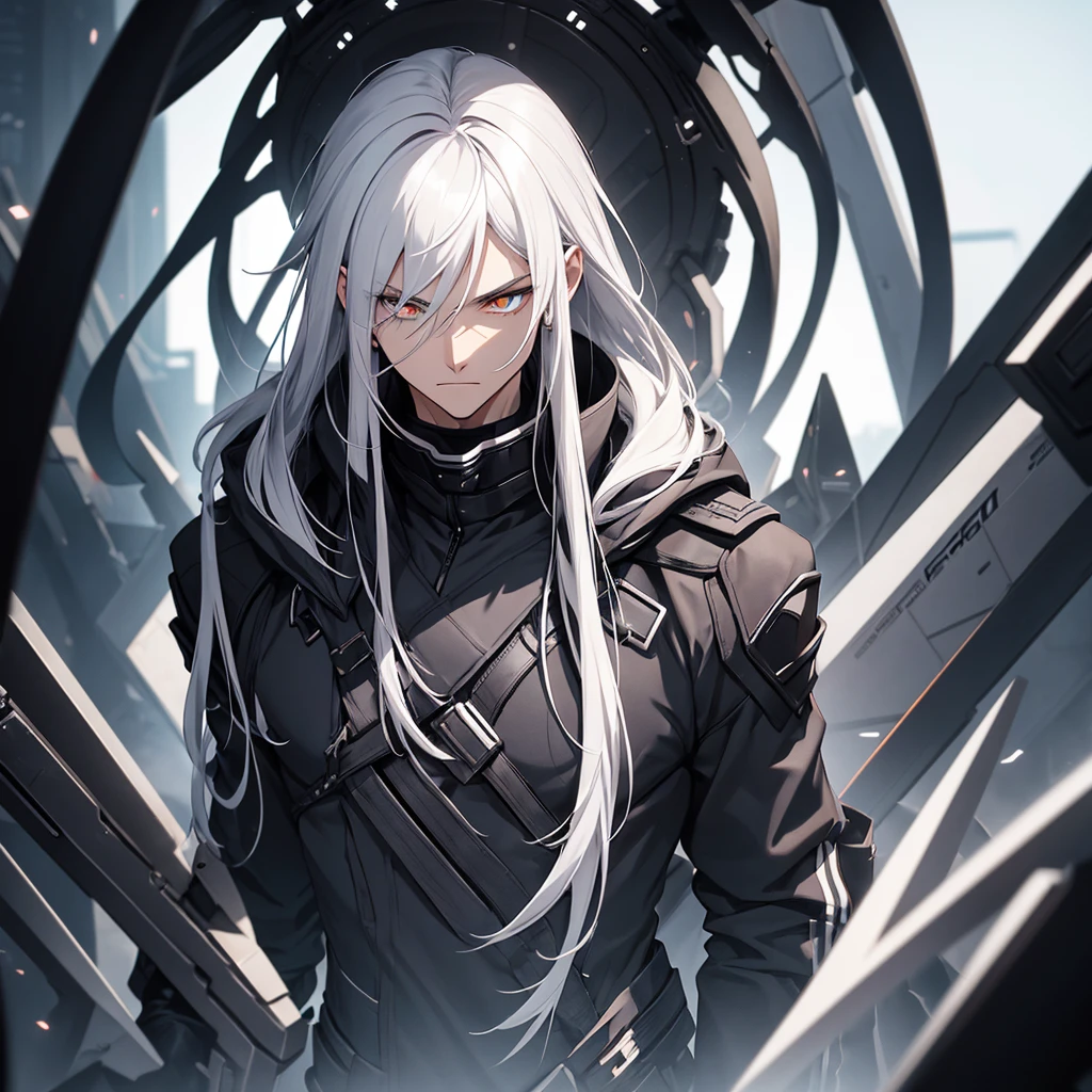male character. black clothes. White hair. golden eyes. is in a futuristic setting.