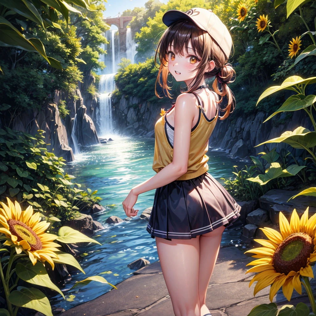 Red, brown, gold, gold hair、Golden Eyes、Hair tied up、One good looking girl、solo、anime、Checkered mini skirt、Ruffles on the skirt、camisole、Lightweight cardigan、school uniform、Black knee-high socks、Wearing a baseball cap、Ribbon、Ribbon on waist、Teeth are visible、Silver coin necklace、From above、Sunflower Tunnel、Cobblestones、waterfall、Have sunflowers、Starry Sky、Midnight Moon、Winding Road、suspension bridge、Soap bubbles are flying、mosquito、beam