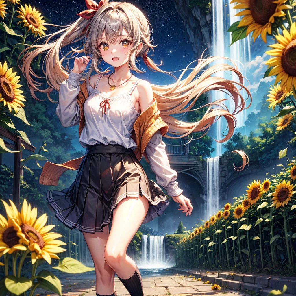 Red, brown, gold, gold hair、Golden Eyes、Hair tied up、One good looking girl、solo、anime、Checkered mini skirt、Ruffles on the skirt、camisole、Lightweight cardigan、school uniform、Black knee-high socks、Wearing a baseball cap、Ribbon、Ribbon on waist、Teeth are visible、Silver coin necklace、From above、Sunflower Tunnel、Cobblestones、waterfall、Have sunflowers、Starry Sky、Midnight Moon、Winding Road、suspension bridge、Soap bubbles are flying、mosquito、beam