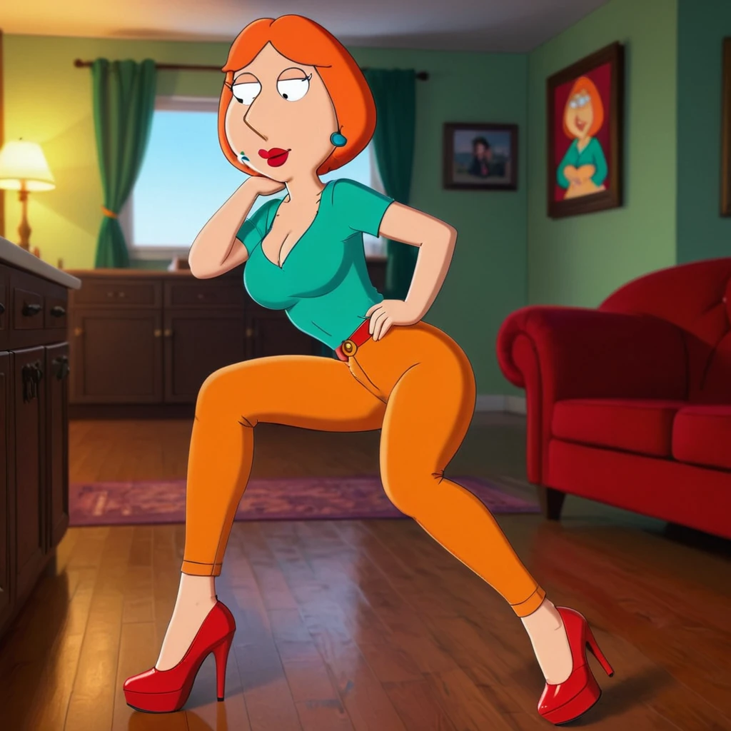 Lois_Griffin, (((1girl, solo, alone, red lips, orange short hair))), perfect eyes, flat color, cartoon, animated, makeup, eyeliner, mascara, looking at viewer, smile, parted lips,
green shirt, brown pants, red shoes,
sexy pose, dynamic pose, dynamic angle, cowboy shot,
living room, indoor,