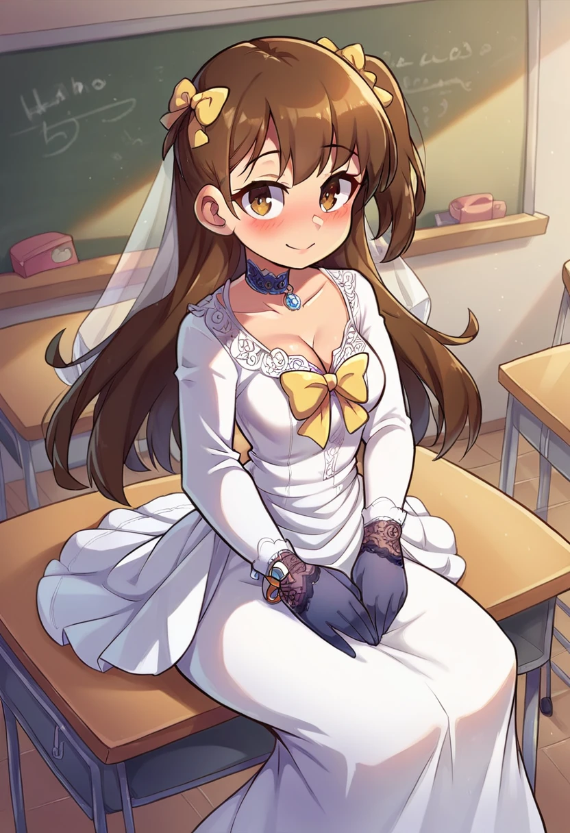 1girl, solo, long hair, looking at viewer, blush, smile, brown hair, long sleeves, bow, brown eyes, twintails, sitting, hair bow, indoors, feet out of frame, one side up, chair, yellow bow, desk, classroom, wristwatch, school desk, chalkboard, wedding dress, lace trim, long dress, lace gloves, juliet sleeves, long sleeves, necklace, choker