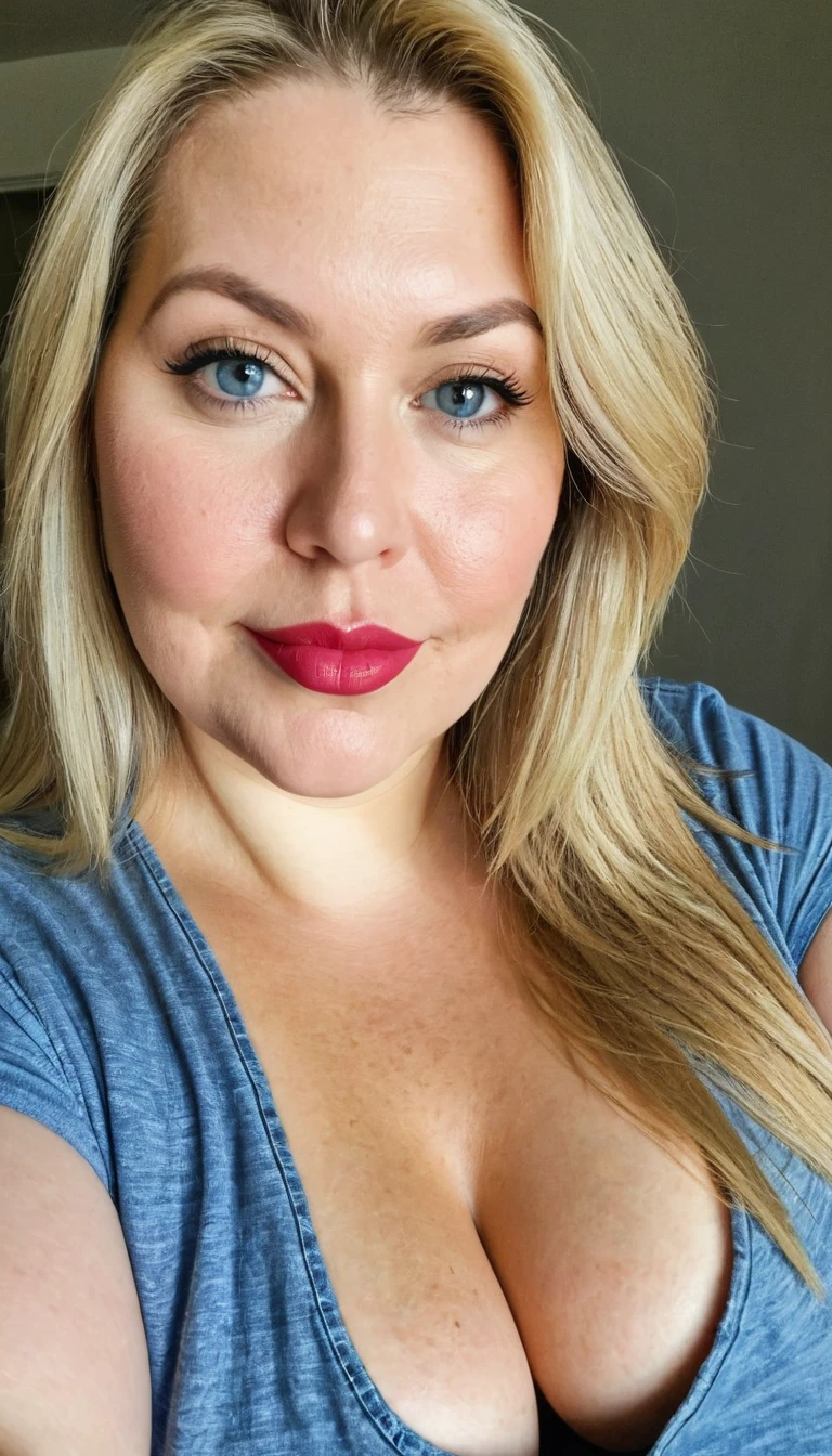 Fat woman, blonde, straight long hair, chubby, cleavage, 40 years old, caucasian, bbw, chubby, no makeup, morning face, large t-shirt and blue jeans, no bra underneath the shirt, braless, close up selfie, soft lipstick