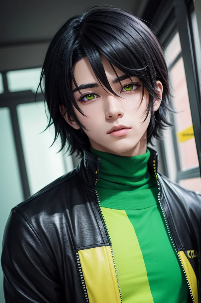 male anime character with short black hair and vibrant acid green eyes