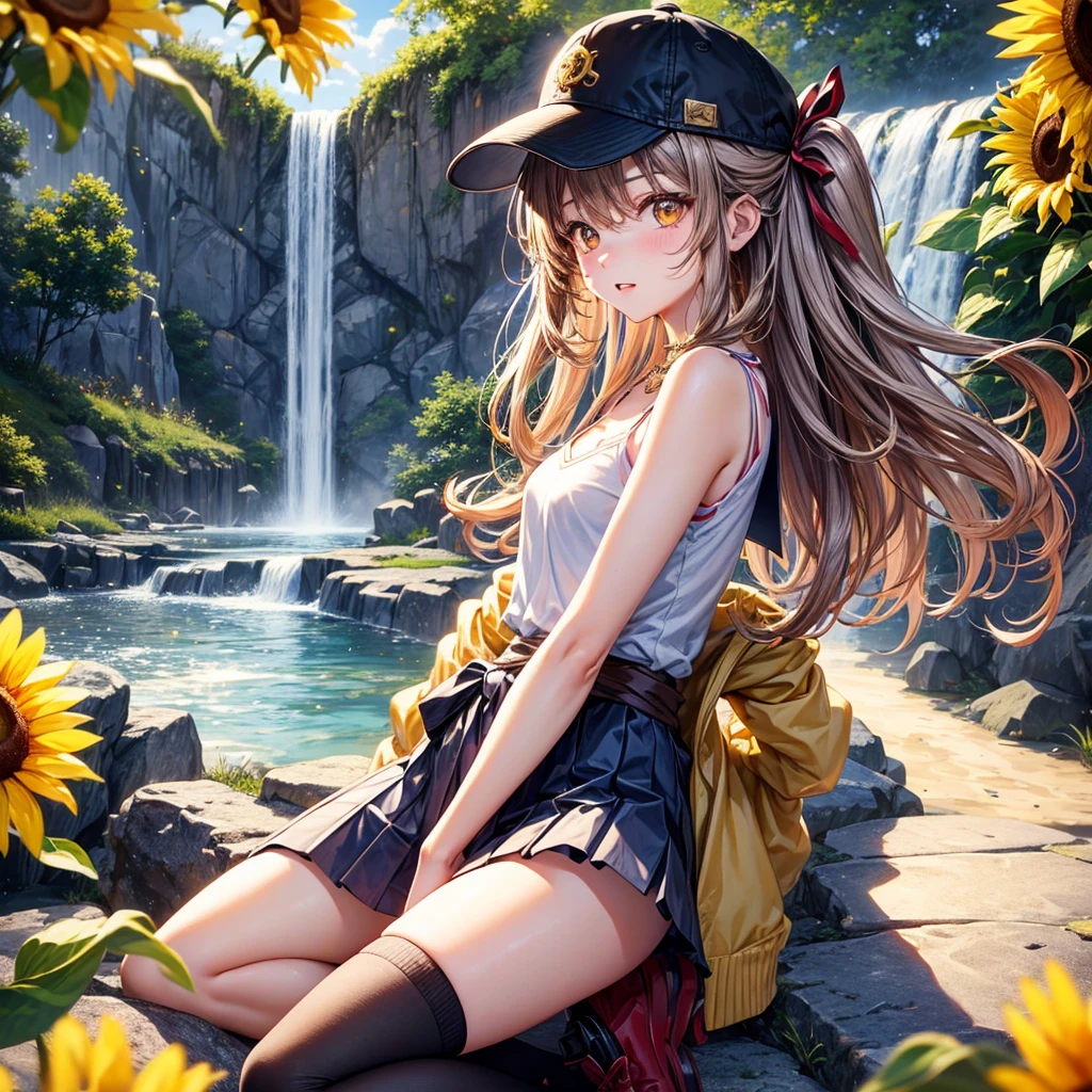 Red, brown, gold, gold hair、Golden Eyes、Hair tied up、One good looking girl、solo、anime、Checkered mini skirt、Ruffles on the skirt、camisole、Lightweight cardigan、school uniform、Black knee-high socks、Wearing a baseball cap、Ribbon、Ribbon on waist、Teeth are visible、Silver coin necklace、From above、Sunflower Tunnel、Cobblestones、waterfall、Have sunflowers、Starry Sky、Midnight Moon、Winding Road、suspension bridge、Soap bubbles are flying、mosquito、beam