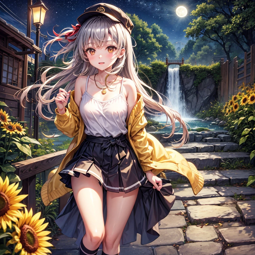 Red, brown, gold, gold hair、Golden Eyes、Hair tied up、One good looking girl、solo、anime、Checkered mini skirt、Ruffles on the skirt、camisole、Lightweight cardigan、school uniform、Black knee-high socks、Wearing a baseball cap、Ribbon、Ribbon on waist、Teeth are visible、Silver coin necklace、From above、Sunflower Tunnel、Cobblestones、waterfall、Have sunflowers、Starry Sky、Midnight Moon、Winding Road、suspension bridge、Soap bubbles are flying、mosquito、beam
