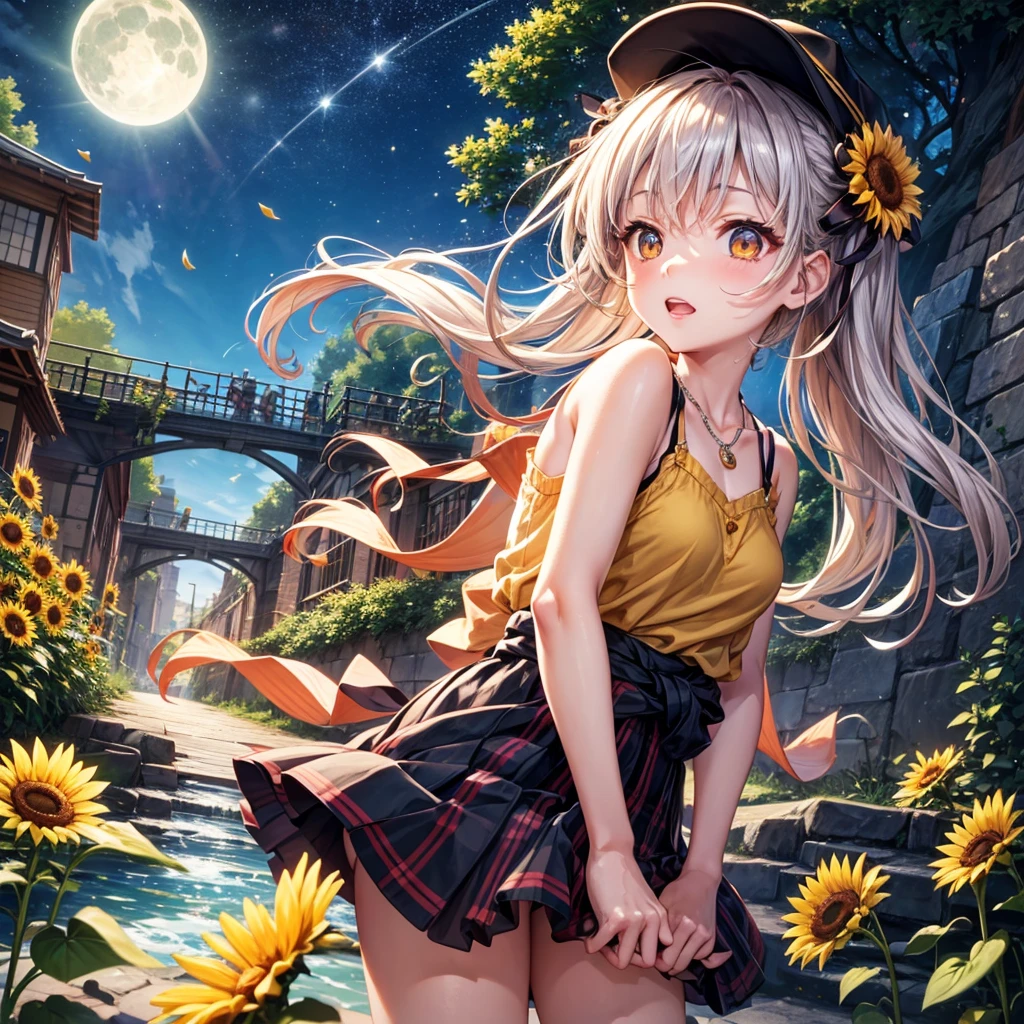 Red, brown, gold, gold hair、Golden Eyes、Hair tied up、One good looking girl、solo、anime、Checkered mini skirt、Ruffles on the skirt、camisole、Lightweight cardigan、school uniform、Black knee-high socks、Wearing a baseball cap、Ribbon、Ribbon on waist、Teeth are visible、Silver coin necklace、From above、Sunflower Tunnel、Cobblestones、waterfall、Have sunflowers、Starry Sky、Midnight Moon、Winding Road、suspension bridge、Soap bubbles are flying、mosquito、beam
