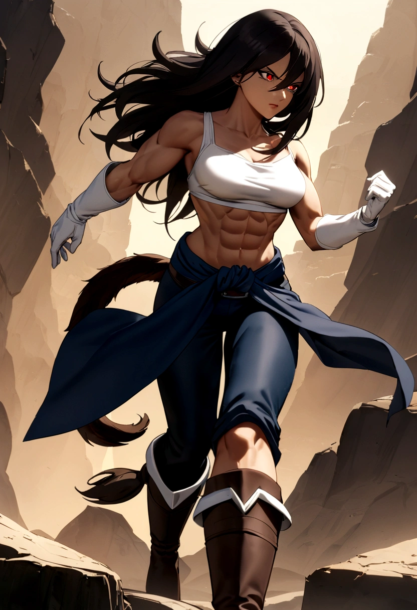Create a Saiyan woman with long straight dark hair, she has red pupils, and armor that leaves his muscular belly showing, she has medium breasts, and dark blue pants cover his slightly muscular thighs, her boots are white and she has white gloves too, make a brown tail tied around your waist like a belt