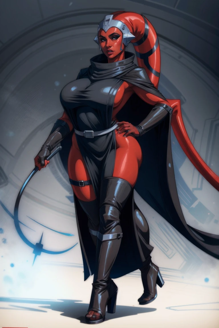 Brutal Red Skin Twi'lek with huge breasts wearing futuristic ((sleek (black) tunic)), robes, cowl, cape, huge breasts, slim hips, small waist, full-body shot