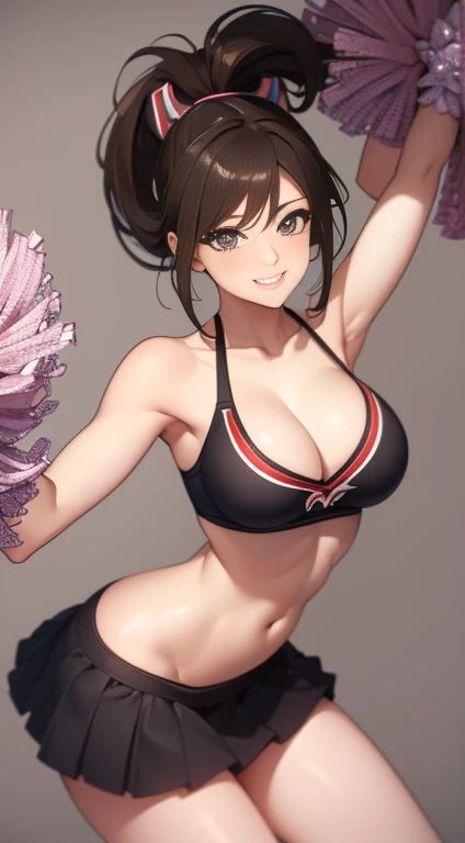Highest quality, 8K, masterpiece :1.3)), whole body, Sharp focus :1.2, Beautiful woman with perfect figure :1.4, Slim Abs :1.2, ((Dark brown hair, Big Breasts :1.2)), whole bodyショット),(RAW shooting:1.2)、(realism:1.4)、(masterpiece:1.3)、(Highest quality:1.4)、The Beauty of Japan、Black Hair,Beautiful and eye-catching details、Beautiful eyelashes and double eyelids、eye shadow、Perfect Eye Makeup、alone、cute、(cute:1.2)、(A smile full of happiness:1.4)、Smiling Kindly、show excitement、(ponytail:1.2)、(From the bottom perspective:1.3)、(mini skirt)、くThin legs、(Perfect Body Beauty:1.3)、Shiny skin、(Cheerleading and other energetic poses:1.5)、Looking into the camera,Narrow waist、Thin legs、Big Breasts、Photorealistic、Age 25、Cleavage、Glamour、、Thighs、長いponytail、Korean Idol、Big Boobs