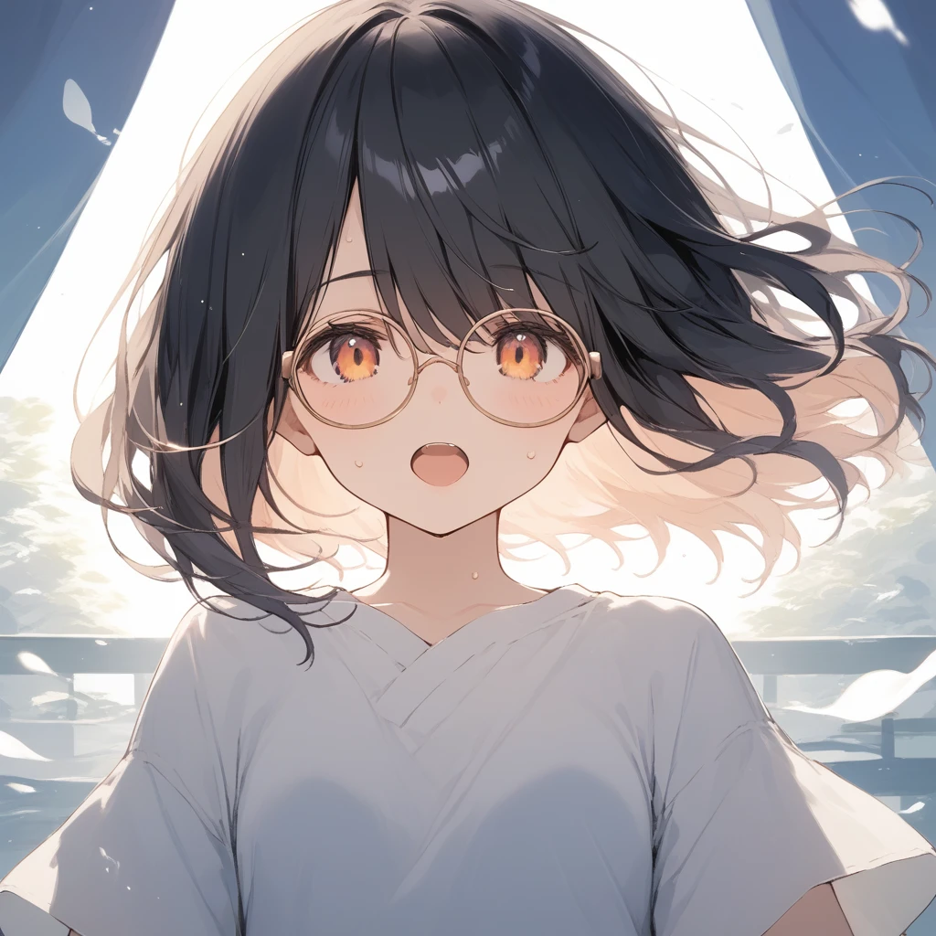 score_9, score_8_up, score_7_up, source_anime, best quality, masterpiece, official art, absurdres, highres, ultra-detailed,waifu2x,Collection: Slice of Life,break,1girl, fantasy world, very short hair, long bangs, hair over eyes, glasses, small breasts,  sweat, open mouth, outdoors, wind, break,(clear line illustration:1.2),very high resolution, very aesthetic, super detailed skin, Best sexual lighting powered by famous artist, 8k,cute picture,beauty illustration,photoshop_(medium),,(Detailed Lighting),best anime 8k konachan wallpaper, pixiv contest winner, 