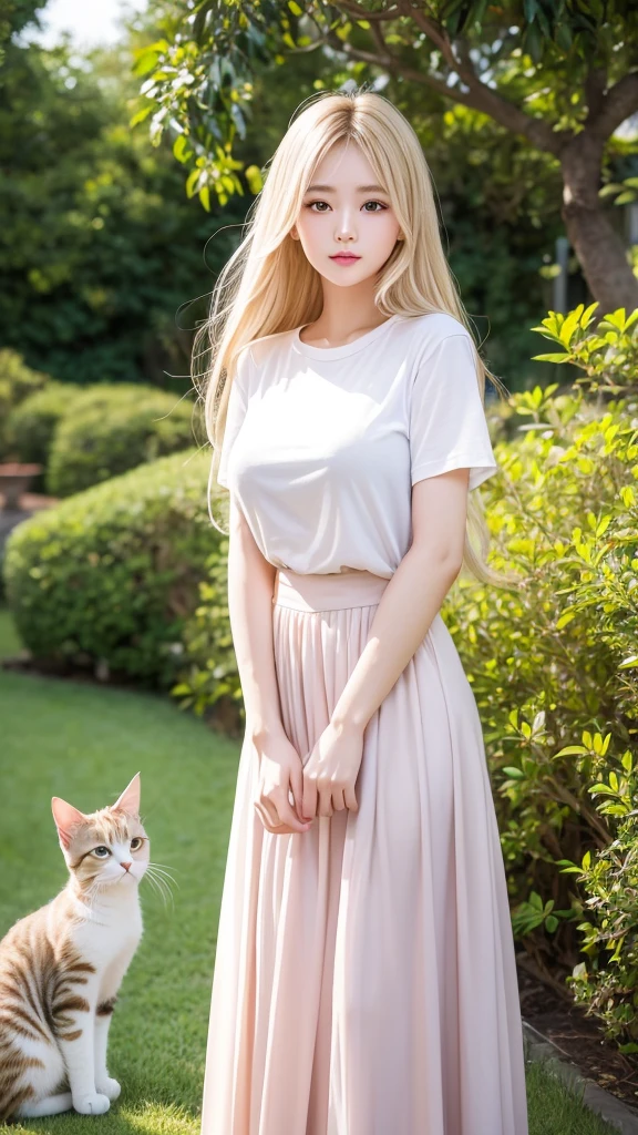 Highest quality、Highest quality、High resolution、8K、masterpiece、Young Japanese woman、One woman、Long Skirt、Golden Hair、Blonde Hair、Long Hair、Slightly larger breasts、Blurred Background、Sexy look、Cat Eyes、garden、Date、Oblique angle、T-Shirts、Daytime、sunlight