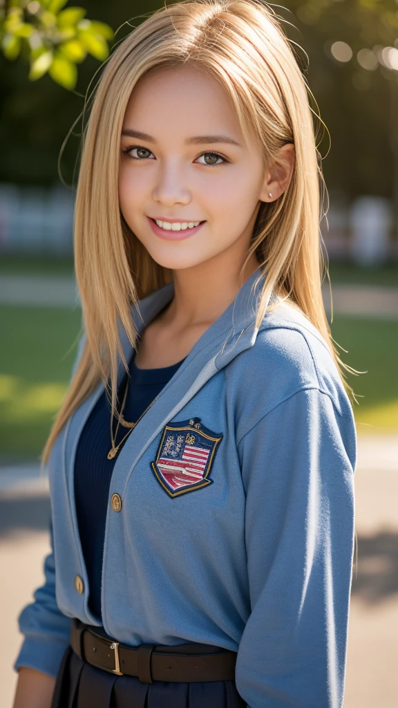 Highest quality,masterpiece:1.3,Ultra-high resolution),(Very detailed,Caustics,8K),(Realistic:1.4,RAW shooting),American girl in high school gym uniform,smile,18-year-old,Blonde Hair Color、American eyes、Long Haircut,Looking into the camera,School playground、Waist up shot,front,Face Focus,Face close-up,(Warm Light),Professional Writing