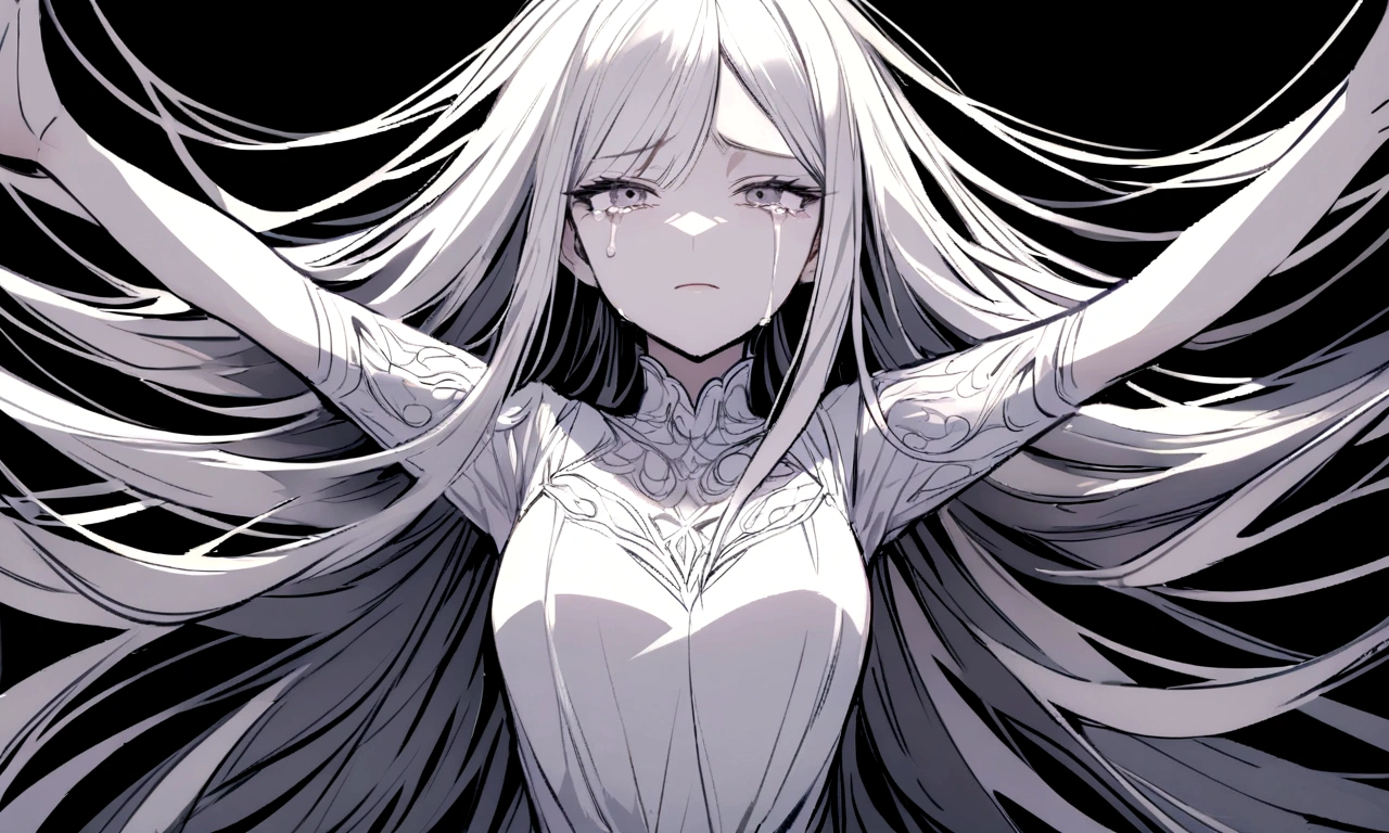 black and white drawing, black background, detailed face, Beautiful Woman1, long straight hair, white hair, a crying face, Pose with open arms asking for a hug, wearing a white dress