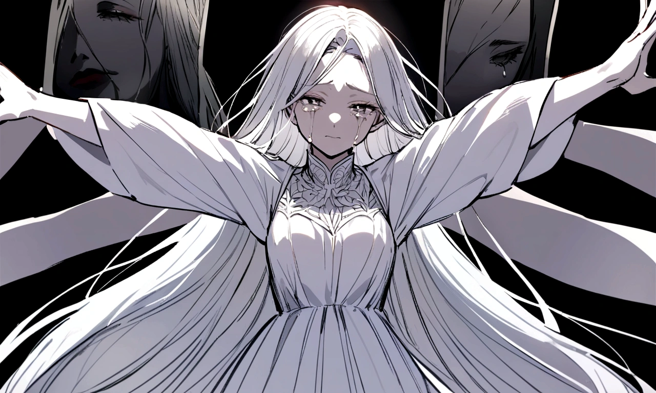 black and white drawing, black background, detailed face, Beautiful Woman1, long straight hair, white hair, a crying face, Pose with open arms asking for a hug, wearing a white dress