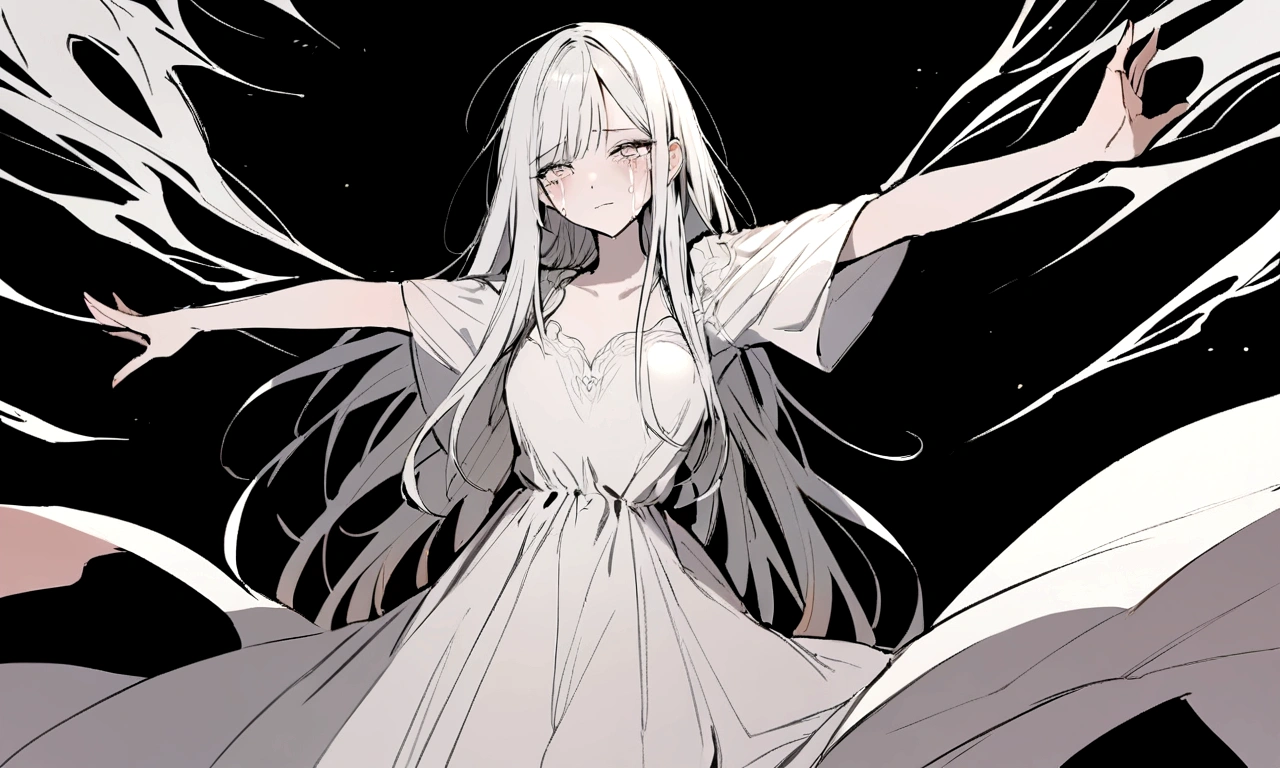 black and white drawing, black background, detailed face, Beautiful Woman1, long straight hair, white hair, a crying face, Pose with open arms asking for a hug, wearing a white dress
