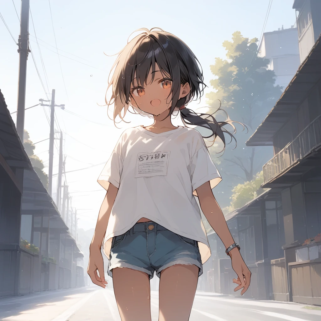 score_9, score_8_up, score_7_up, source_anime, best quality, masterpiece, official art, absurdres, highres, ultra-detailed,waifu2x,Collection: Slice of Life,break,1girl, tomboy, dark-skinned female, short hair, low ponytail, flat chest, beautiful detailed eyes, short shorts, sweat, open mouth, (yawn:0.3), sleepily, outdoors, wind, break,(clear line illustration:1.2),very high resolution, very aesthetic, super detailed skin, Best sexual lighting powered by famous artist, 8k,cute picture,beauty illustration,photoshop_(medium),,(Detailed Lighting),best anime 8k konachan wallpaper, pixiv contest winner,