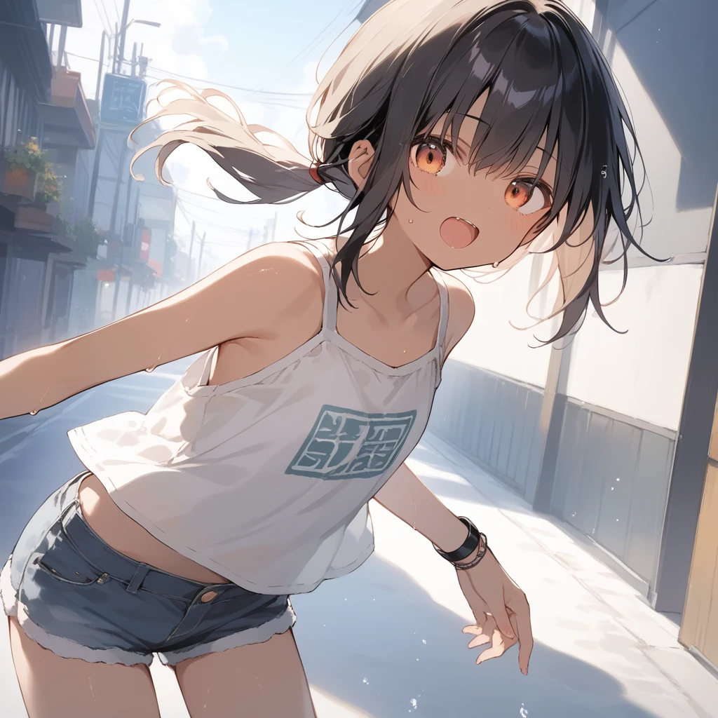 score_9, score_8_up, score_7_up, source_anime, best quality, masterpiece, official art, absurdres, highres, ultra-detailed,waifu2x,Collection: Slice of Life,break,1girl, tomboy, dark-skinned female, short hair, low ponytail, flat chest, beautiful detailed eyes, short shorts, sweat, open mouth, (yawn:0.3), sleepily, outdoors, wind, break,(clear line illustration:1.2),very high resolution, very aesthetic, super detailed skin, Best sexual lighting powered by famous artist, 8k,cute picture,beauty illustration,photoshop_(medium),,(Detailed Lighting),best anime 8k konachan wallpaper, pixiv contest winner,