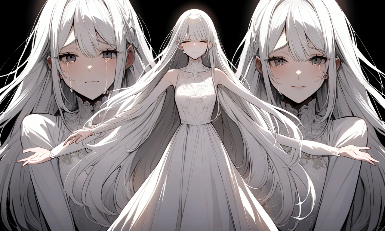 black and white drawing, black background, detailed face, Beautiful Woman1, long straight hair, white hair, a crying face, Pose with open arms asking for a hug, wearing a white dress