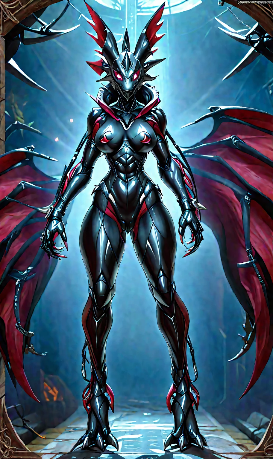 Full-body concept art, 1 woman, A biologically fused woman, A figure fused with a dragon, witch blade motivism, evil fall, symbiote, full body suit, enemy woman, bio full skin suit, high image quality, real, high detail, 16K, black gloves, fortified suit, glossy, digimon, goddess, mature female, mistress, fox mask, masterpiece, 